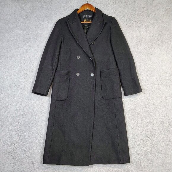 Zara Jackets & Blazers - Zara Manteco Trench Coat Women's Medium Black Wool Double Breasted Long Peacoat